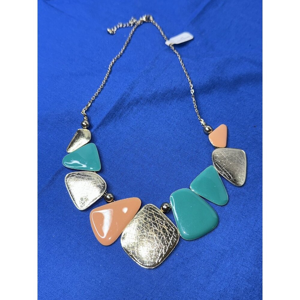 NWT Gold Peach Green Enamel Spring Dance Etched Disc  21" Choker Necklace